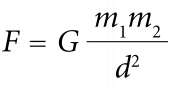 Formel des Gesetzes der universellen Gravitation F = G * (m1 * m2) / r^2